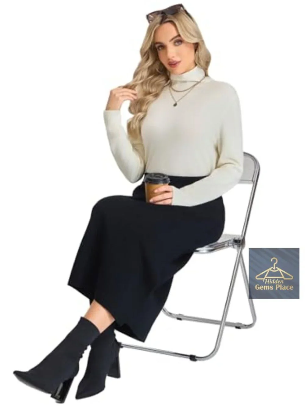 High Waist Midi Wool Knit Skirt with Slit Machine Washable